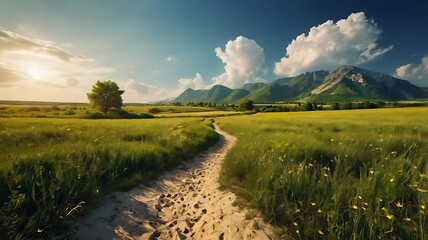 Obraz premium A dreamy landscape featuring rolling clouds, lush green grass, and a serene forest, creating a picturesque and tranquil scenic backdrop.