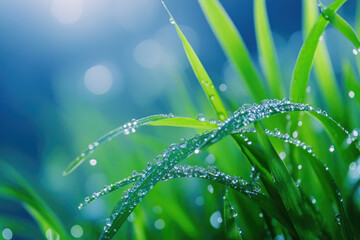 Close-up of dew-covered blades of grass in a vibrant green field, bathed in soft sunlight.