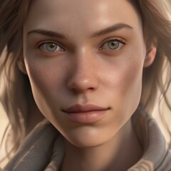 Fototapeta premium A highly detailed, hyper-realistic close-up portrait of an AI-generated human face. This digital artwork features lifelike skin textures, expressive eyes, and natural lighting.