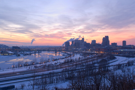 downtown saint paul and mississippi river at dusk from indian mounds park overlook in winter