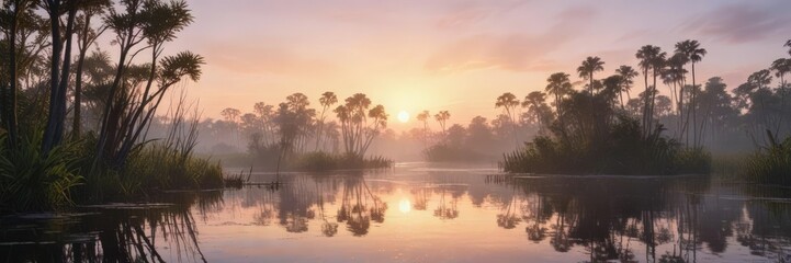 Obraz premium Ethereal watercolor painting of the everglades at dawn with a dreamy atmosphere, dreamy dawn, peaceful landscape, dawn sky, subtropical environment, watercolor painting