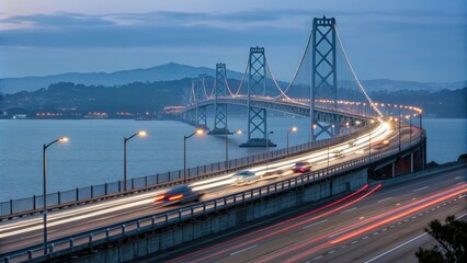 Exposure blurred car headlights on the Richmond-San Rafael Bridge at dusk, nighttime bridge photography, headlight blur, California coastline, long exposure, highway photography