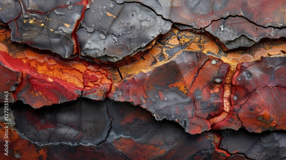 Fototapete An intricate surface displays eye catching patterns with vibrant reds, oranges, and blacks. The cracks create a striking abstract representation of geological features, showcasing natural textures.