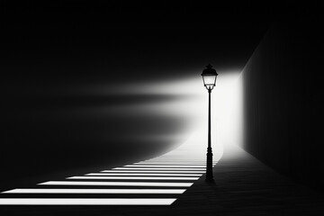 Ein geheimnisvoller Weg ins Licht mit einem Stra&szlig;enlaternen

