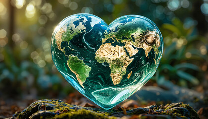 The earth is shaped like a transparent heart with warm light and caring for the environment