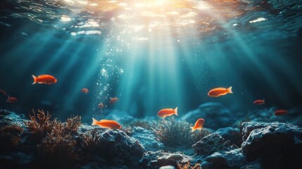 Fototapeta premium Underwater coral reef scene with sunlight rays and orange fish