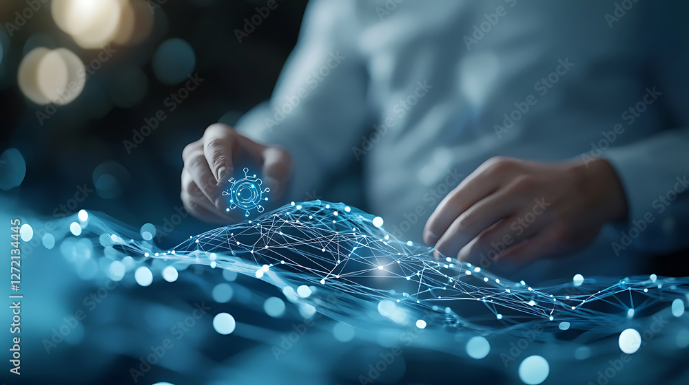Poster illuminating iot and marketing strategies through abstract blue network visualization digital worksp