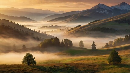 Fototapeta premium A majestic mountainous landscape bathed in the golden light of the rising sun, with a gentle mist rolling through the valley and a serene river flowing calmly below
