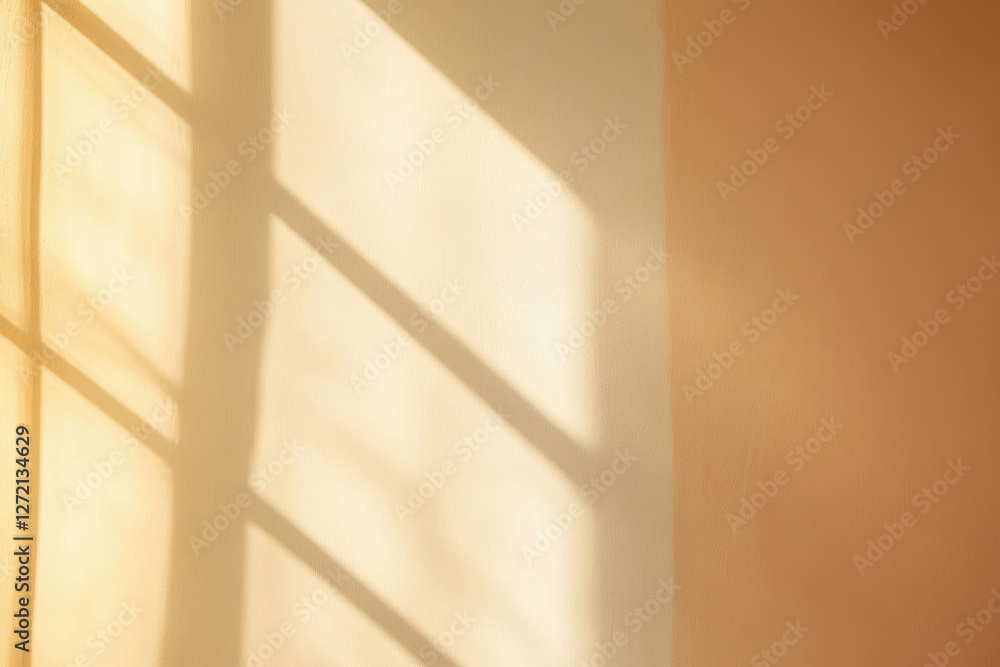 Poster sunlight casts windowpane shadows on a two-toned wall, creating a warm, minimalist scene.