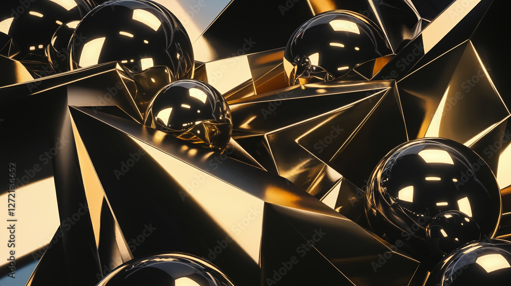 Poster a mesmerizing abstract composition of reflective golden spheres and sharp geometric shapes, creating