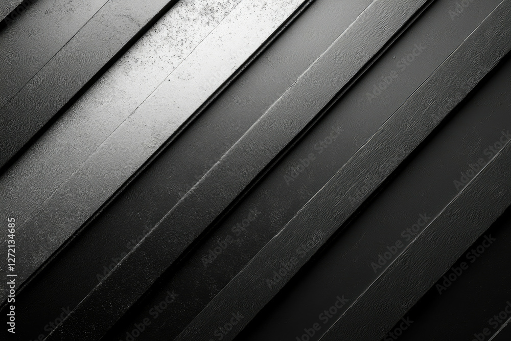 Poster diagonal black planks with varying shades and textures create a sleek, abstract background.