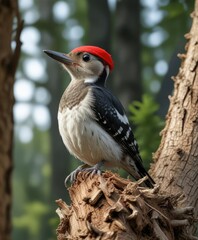 Fototapeta premium Fledgling woodpecker with bright red cap and white underside, branch, feathers