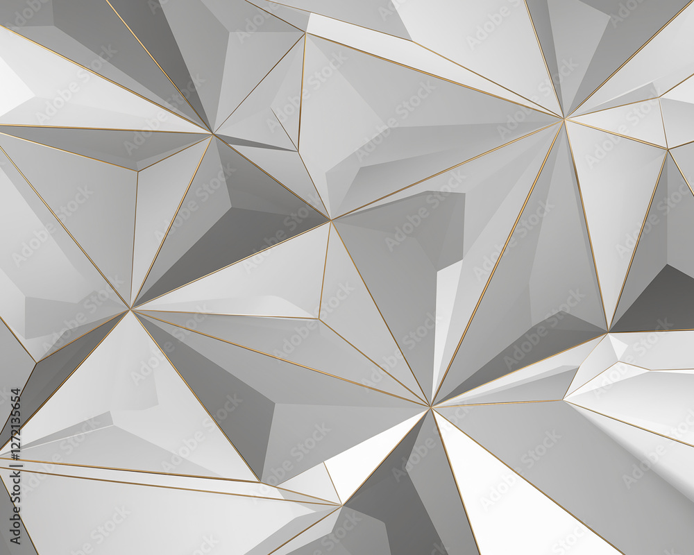 Poster a high-end geometric composition of sharp triangular shapes in white and gray tones with fine gold a