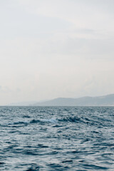 Sochi city coastal landscape. Mountain view from the yacht.