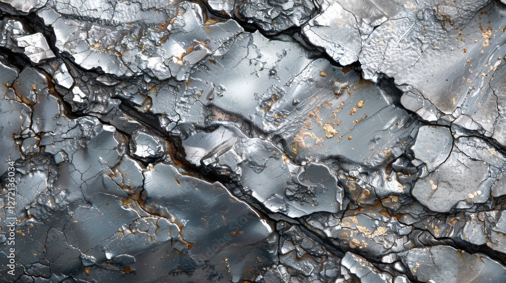Poster close up view reveals a textured metallic surface featuring a mix of silver and gold hues. the shine