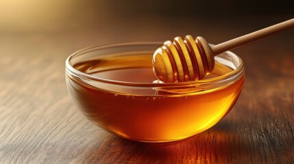 glass bowl of honey with honey dipper isolated