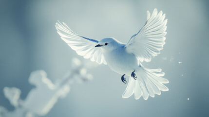 Obraz premium A dynamic action shot of a bluebird mid-flight, wings spread wide against a soft blue sky. Blue Bird Day, as a symbol of spring and the return of birds. Copy space. Banner.