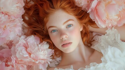 Young woman with red hair and blue eyes lying among pink and white peonies, natural makeup, dreamy romantic portrait with soft pastel floral background.