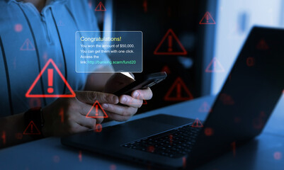 Bank fraud through phone messages.Businessman holding phone with scam message on digital screen....