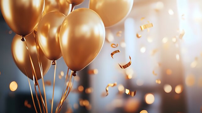 Luxurious golden balloons with floating confetti and ribbons against blurred bokeh background create festive celebration atmosphere for party design.