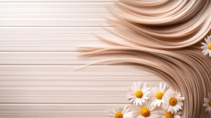 Obraz premium Beautiful long blonde hair with yellow and white flowers is arranged on a light background, showcasing a natural beauty concept