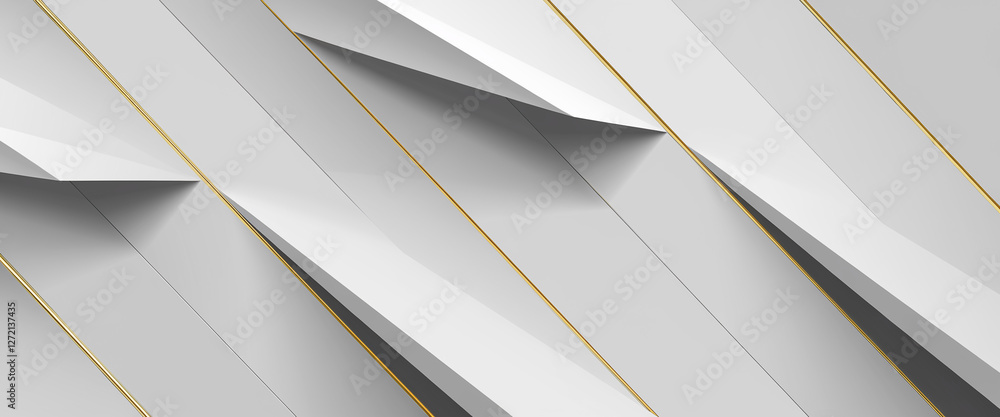 Poster a minimalist composition of white angular shapes with sharp lines and golden edges, creating a moder