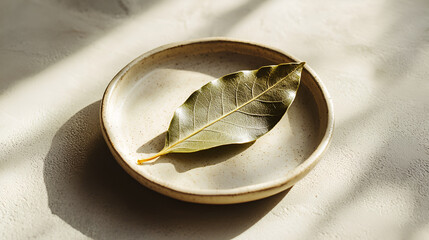 Single leaf on a small ceramic plate under natural light, displaying simplicity and organic elements.