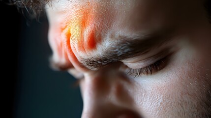 Close up of young man experiencing intense headache pain with red glowing spot on forehead showing migraine location. Dark atmospheric medical concept.