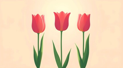 Obraz premium Illustration of three red pink tulips on a beige background.