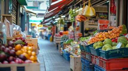 Obraz premium Stalls overflowing with fruits and vegetables create a lively atmosphere in this bustling market. Shoppers wander the narrow aisles, engaging with vendors and filling their carts