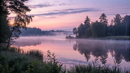 Obraz premium A serene lakeside scene with mist rising over the water at dawn, tranquil and peaceful mood.