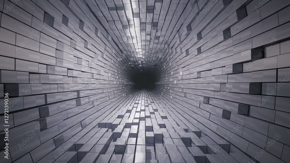Poster a futuristic perspective view of an endless corridor made of metallic blocks, extending into a dark 