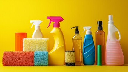 A colorful collection of household cleaning products is artfully arranged against a standout yellow background. Bottles, sprays, and sponges showcase a cheerful yet practical aesthetic