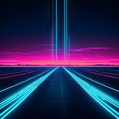Futuristic Road with Neon Lines and Sunset Horizon