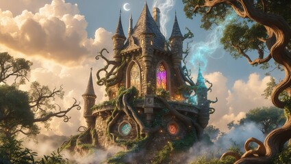 Enchanting castle surrounded by mystical trees and clouds during the golden hour in a fantasy landscape