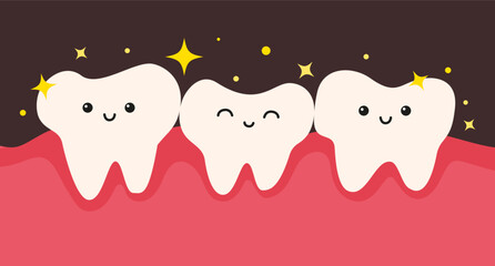 Fototapeta premium Cute cartoon vector characters happy clean teeth. Healthy human teeth in gum.Templates for children's dentistry health care concep