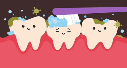 Cleaning dirty teeth using toothbrush cartoon character in flat design. Templates for children's dentistry health care concep