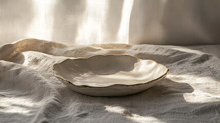 Handmade ceramic bowl with irregular edge sitting on a textured, neutral-colored linen cloth in soft light.
