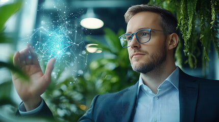 Businessman engaging with glowing iot technology in a modern office setting a visual exploration of innovation and connectivity