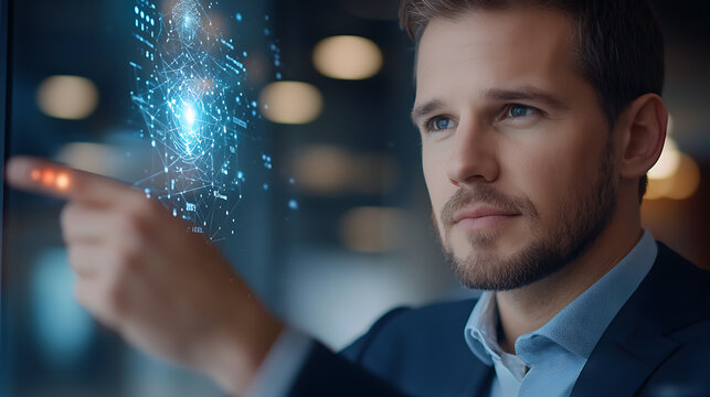 Businessman engaging with iot technology in a modern office digital interaction professional environment futuristic viewpoint