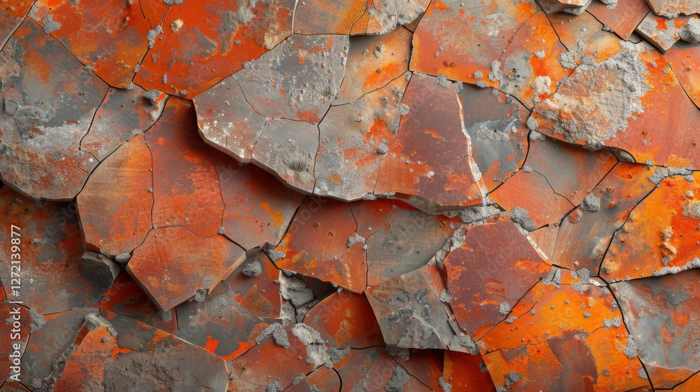 Fototapete A textured surface displays cracks filled with a mix of orange and gray colors, suggesting age and wear. The intricate patterns add depth and character, emphasizing natural artistry.