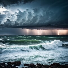 Fototapeta premium Ocean Storm with Lightning and Waves