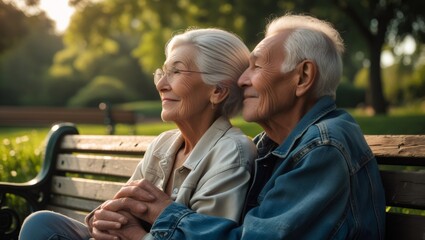Elderly partners clasping hands while resting on park bench, sharing warm moment during golden hour sunset