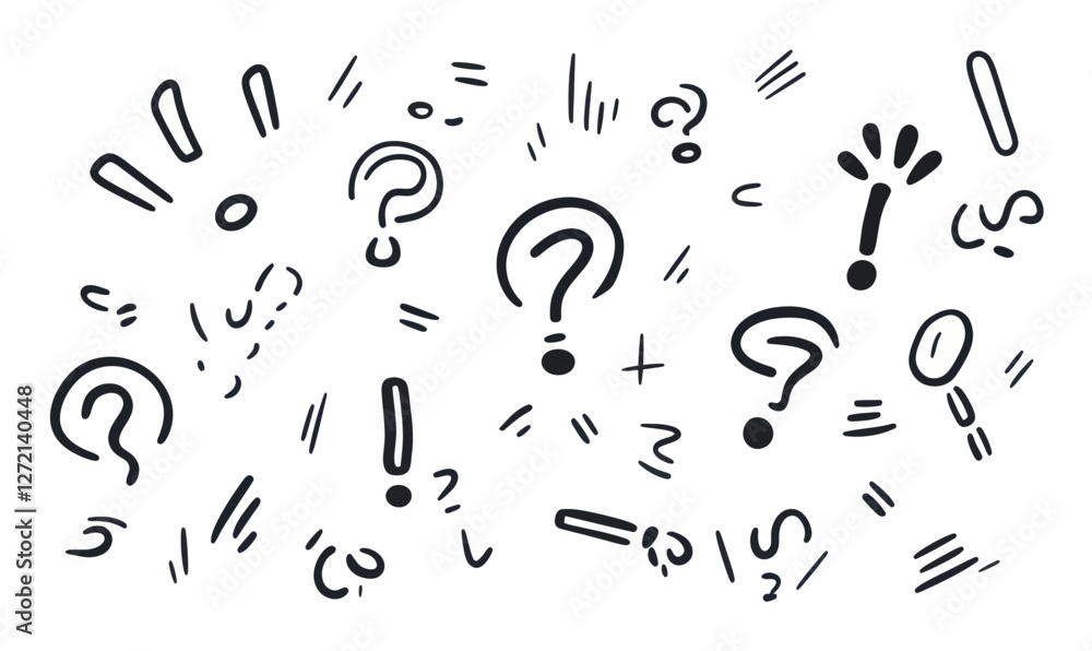 Poster dynamic question and exclamation marks line art for curiosity and discovery concepts