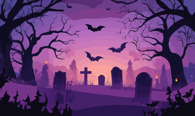 Spooky Halloween Cemetery Scene with Bats and Tombstones in Enchanted Forest