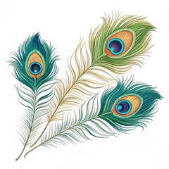 Obraz premium Elegant Hindu Invitation Featuring Peacock Feathers on a Pristine White Background for a Sacred and Graceful Celebration Design