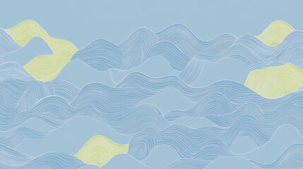 Delicate and neutral linear pattern with faint textures, featuring flowing wavy lines in soft blue and yellow tones, creating serene and abstract landscape