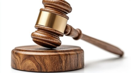 judges wooden gavel resting on wooden plinth isolated