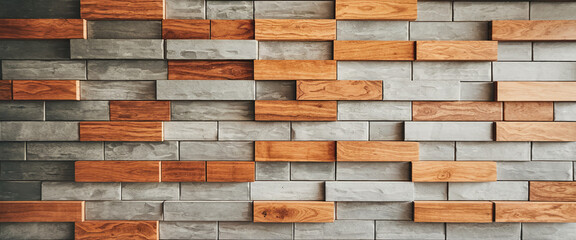 Fototapeta premium A close-up view of a modern wooden tile wall featuring a mix of light grey and warm wooden tiles, showcasing a stylish and contemporary design with geometric patterns. 3D wallpaper