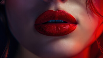 Captivating close-up of luscious red lips reflecting dramatic lighting in a striking fashion statement.